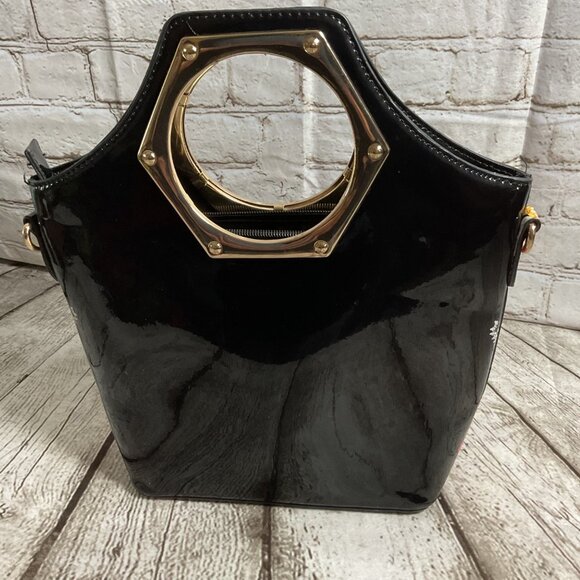 Floral Butterfly Black Patent Handbag Goldtone Hexagonal Handles Bloomcore - Picture 4 of 5